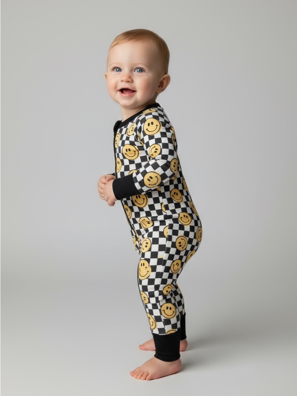 Black & Yellow Smiley Checker One-Piece Pajamas - Kids